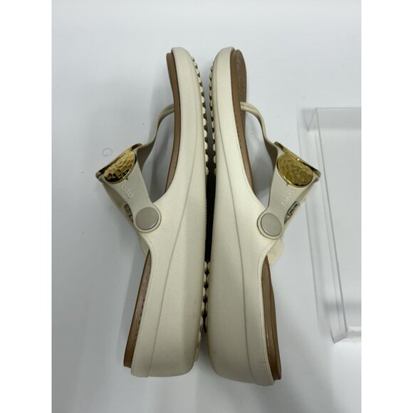 Crocs Sanrah Hammered Circle Gold Cream Wedge Thong Sandal Womens Size 11 - Picture 9 of 11